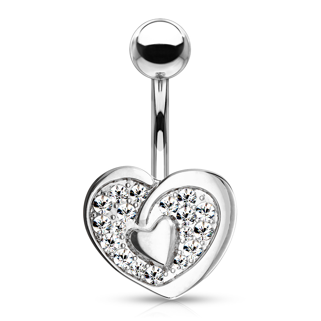 Bauchnabelpiercing mit kleinem Herz in einem Herz und Steinen