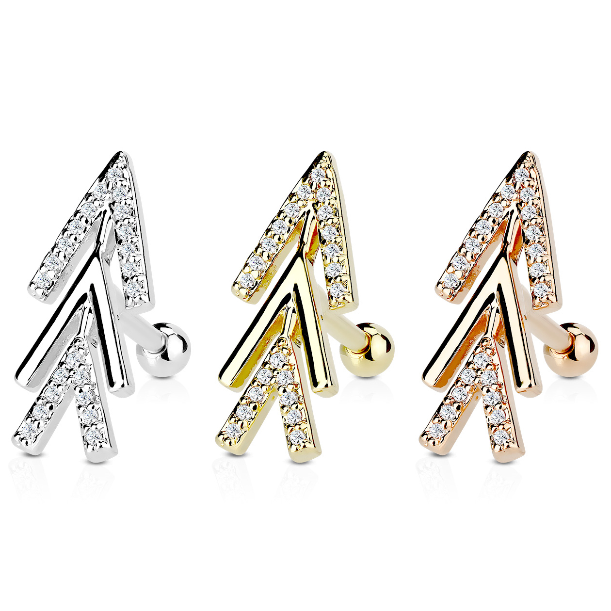 Ohrpiercing mit abstraktem Pfeil und Steinen
