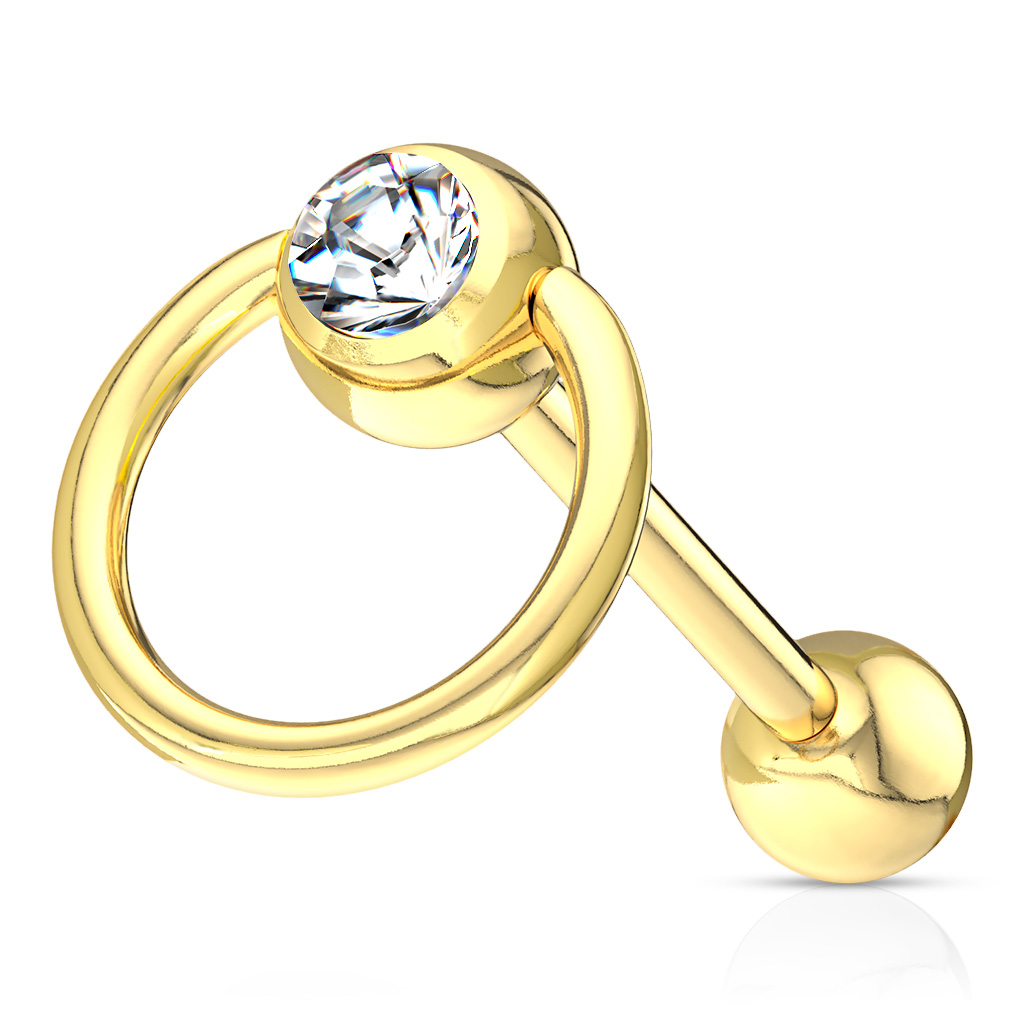 Vergoldetes Zungenpiercing mit einem Ring und klaren Stein