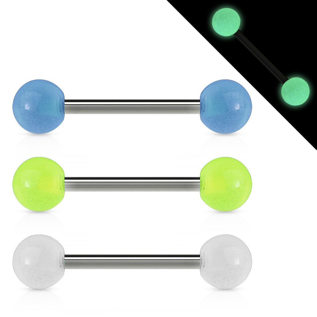 Zungenpiercing aus Titan mit selbstleuchtenen Acrylkugeln