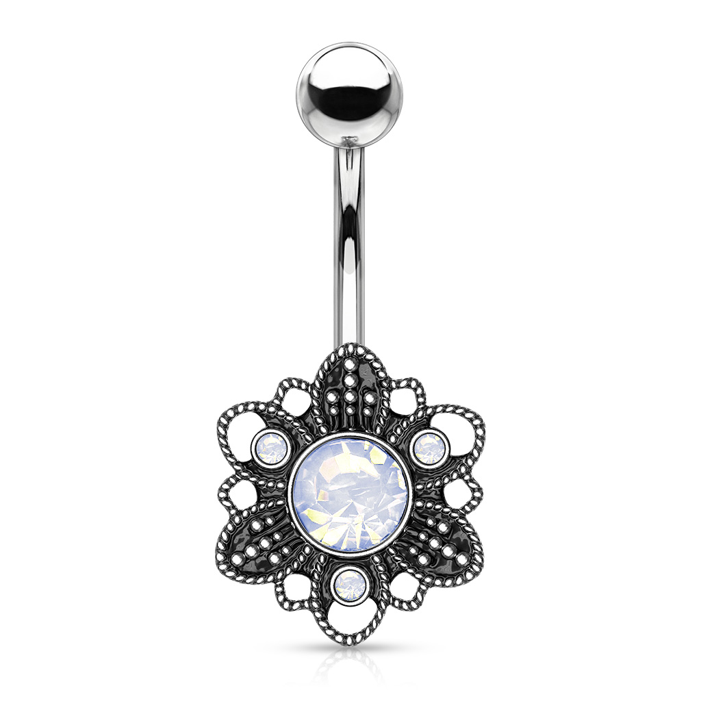 Bauchnabelpiercing mit oxidierter Blume und Opalitsteinen