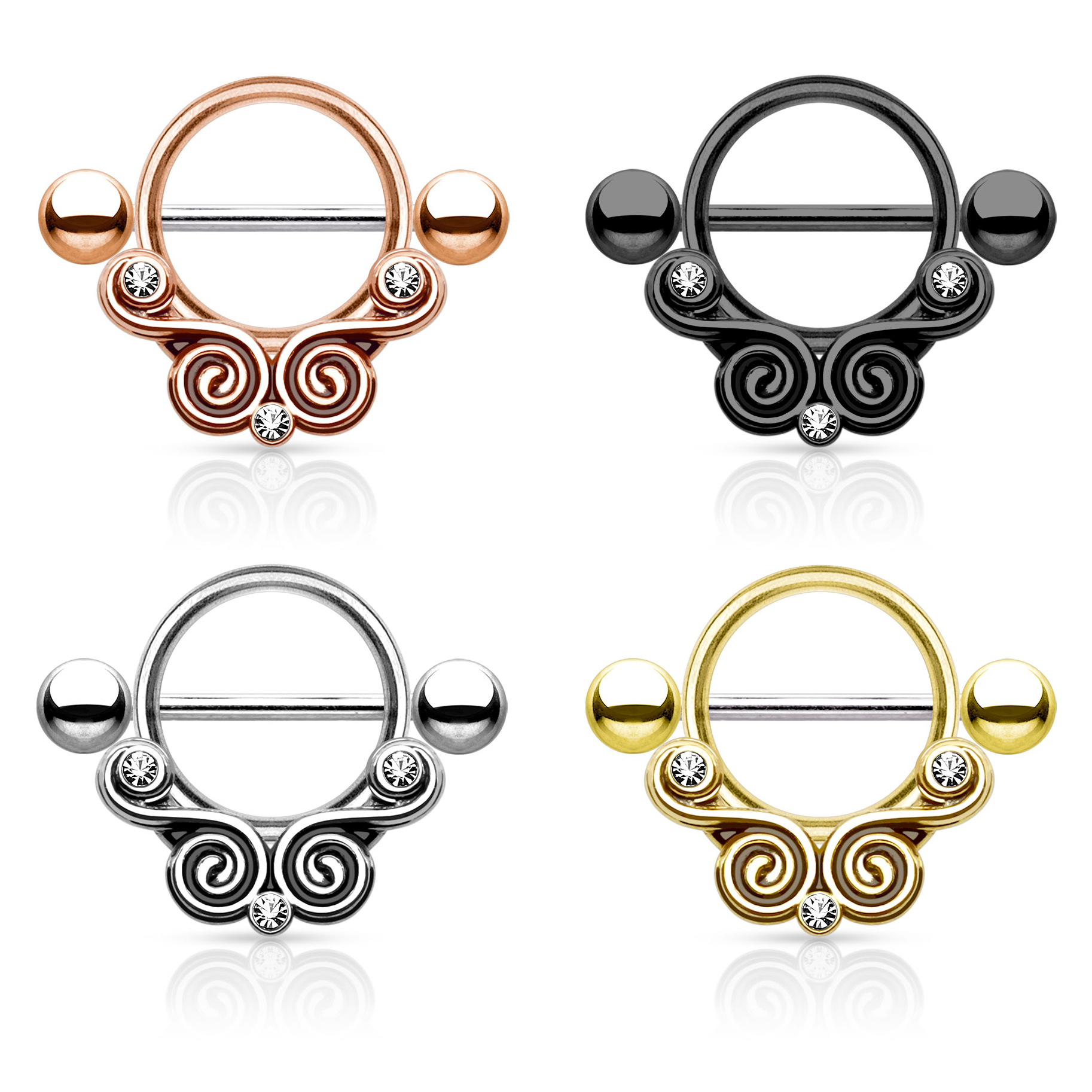 Brustwarzenpiercing mit Steinen und verschnörkelten Design