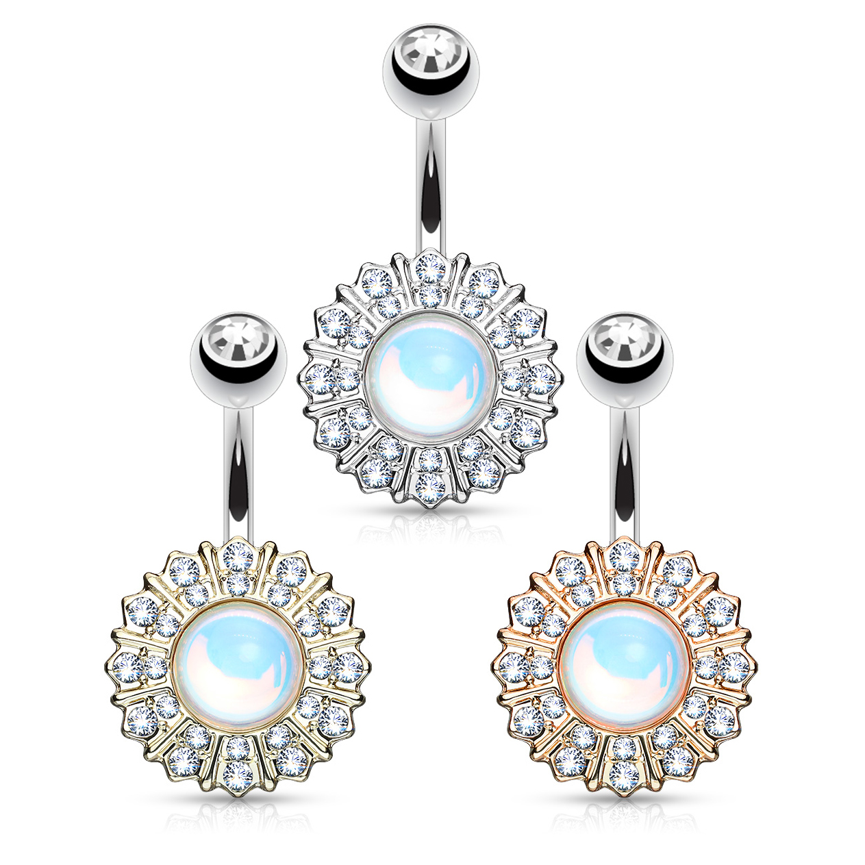 Bauchnabelpiercing mit Blume und reflektierendem Mittelstein